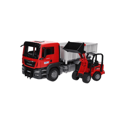 Pojazd MAN TGS z kontenerem rolkowym i minikoparką BRUDER 03767