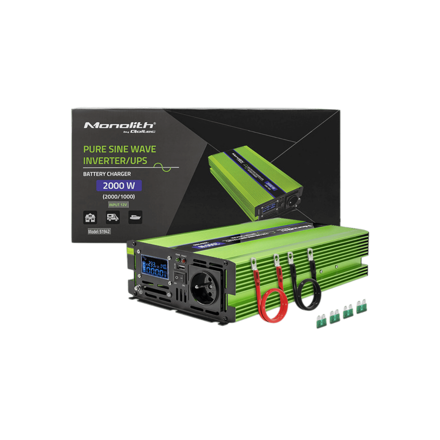 Przetwornica Qoltec Monolith 51942 12V na 230V 1000W/2000W LCD Czysta sinusoida