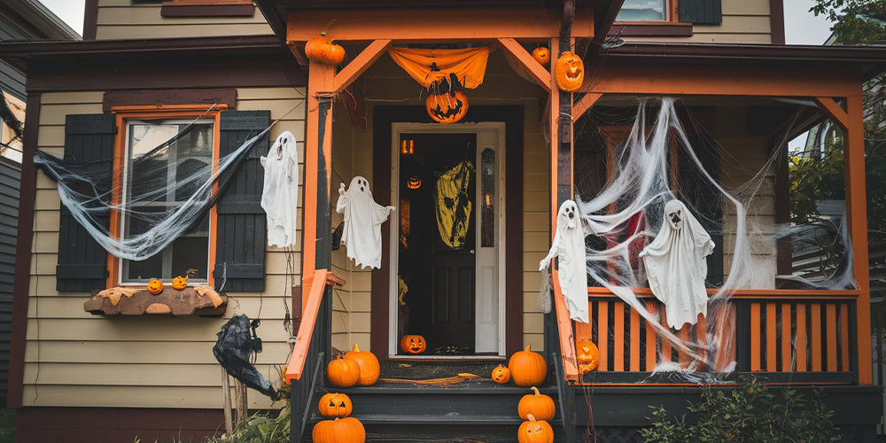 Taras domu jednorodzinnego z ozdobami na Halloween