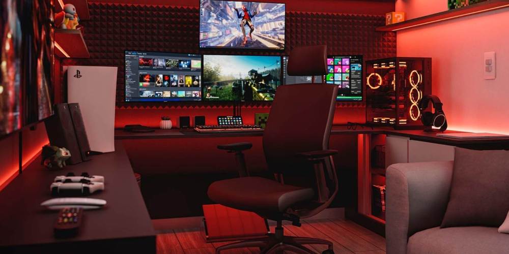 Pokój gamingowy z monitorami i konsolami.