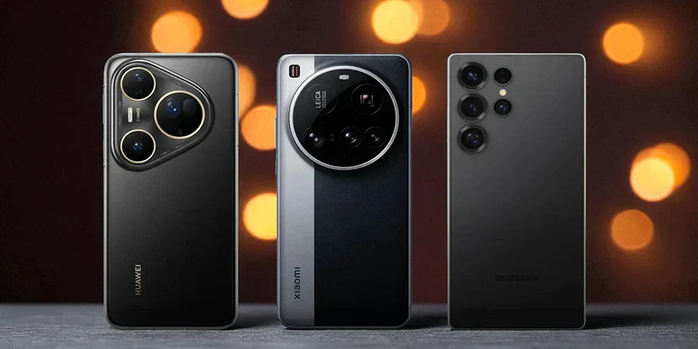 Trzy telefony na zdjęciu stroną aparatów - Xiaomi 15 Ultra, Samsung S25 Ultra oraz Huawei Pura 80 Ultra 