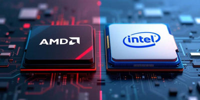 AMD vs Intel. Zdjęcie przedstawiające dwa loga marek.