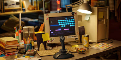 Stary monitor rc na którym wyświetlana jest retro gra a przed nim joystick. Wszystko w klimacie retro.