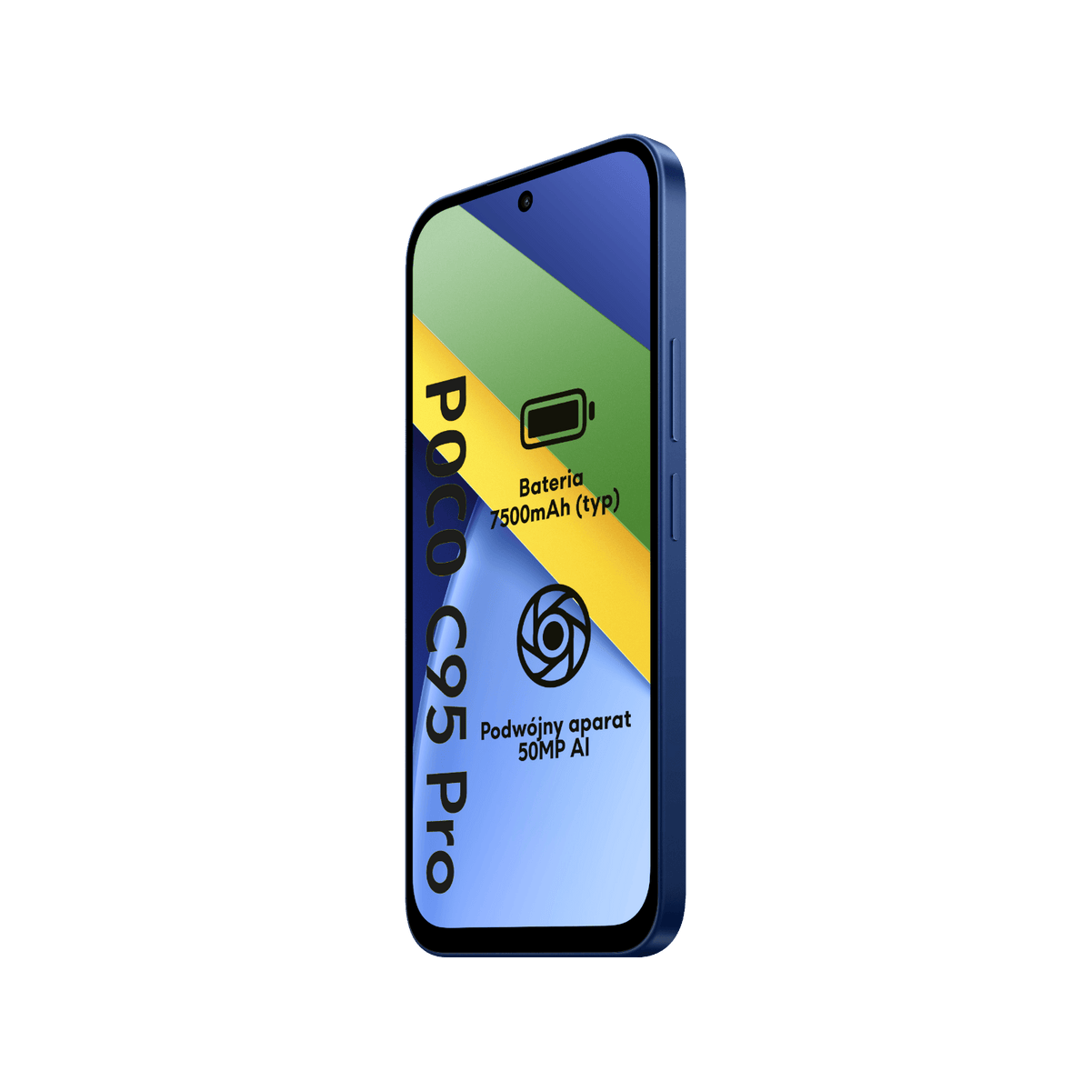 Smartfon POCO 95 Pro Niebieski Przedni prawy bok